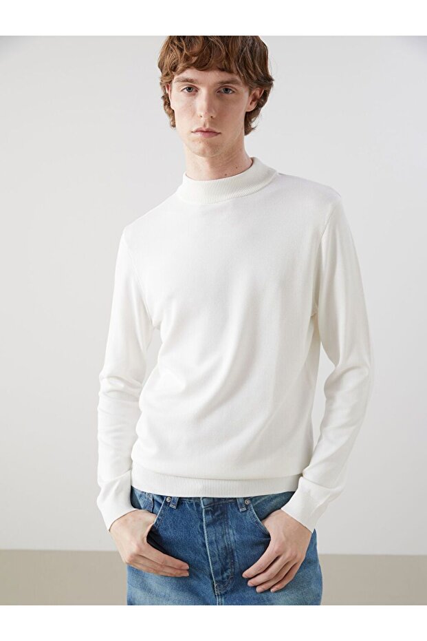 Ekru Yarım Balıkçı Yaka Uzun Kollu Erkek Triko Kazak - 2