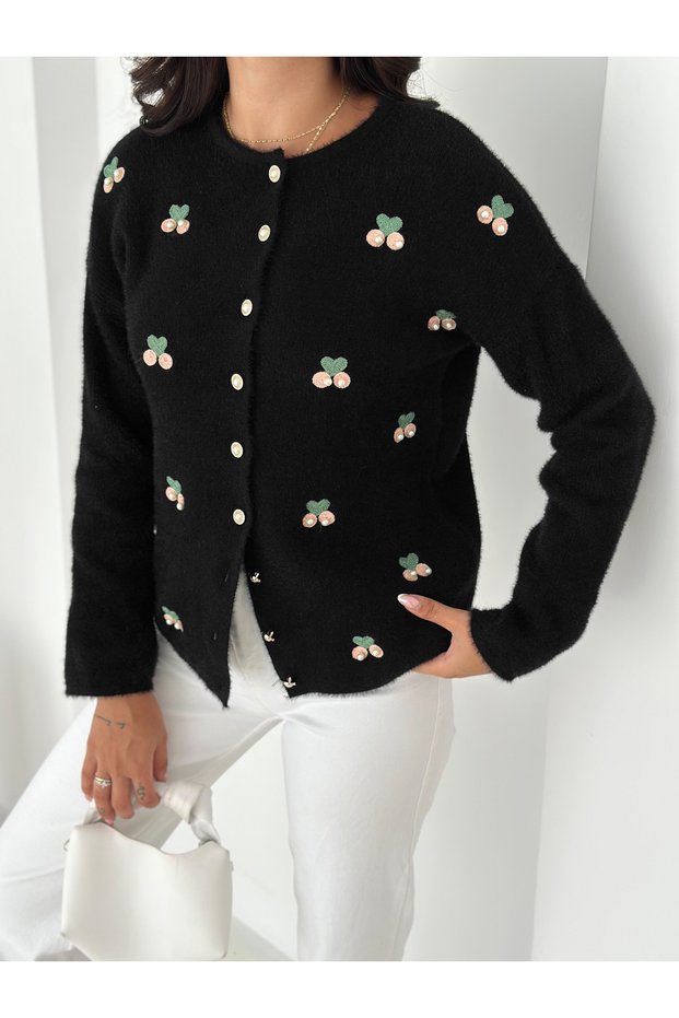 Soft Textured Pearl Detailed Buttoned Cardigan