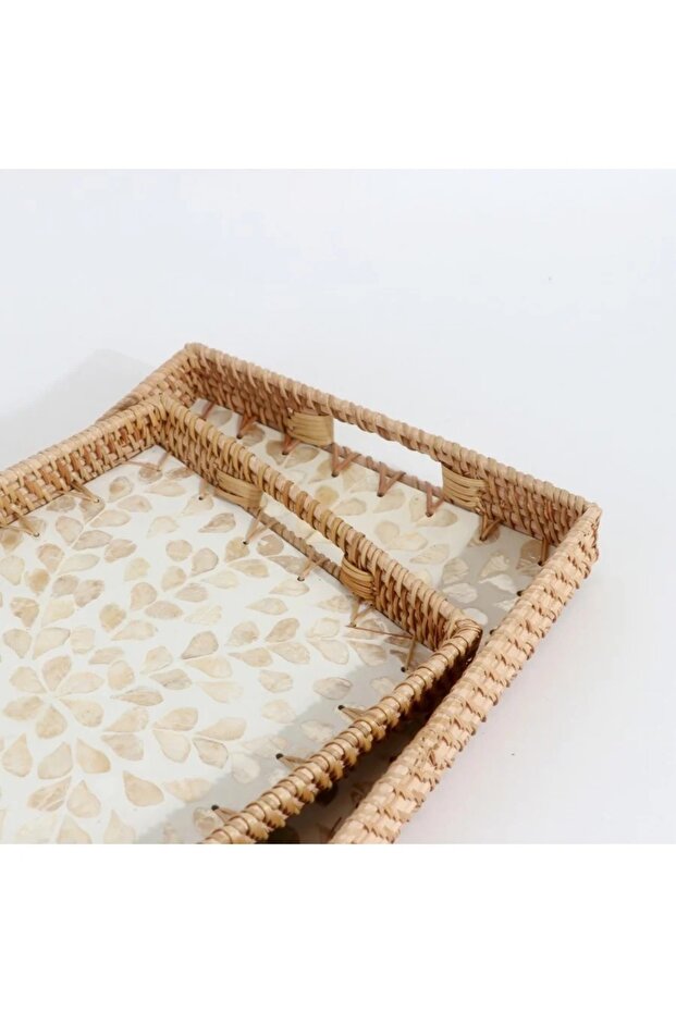 طقم صينية تقديم من الخيزران بقاعدة مزخرفة – قطعتين - 2