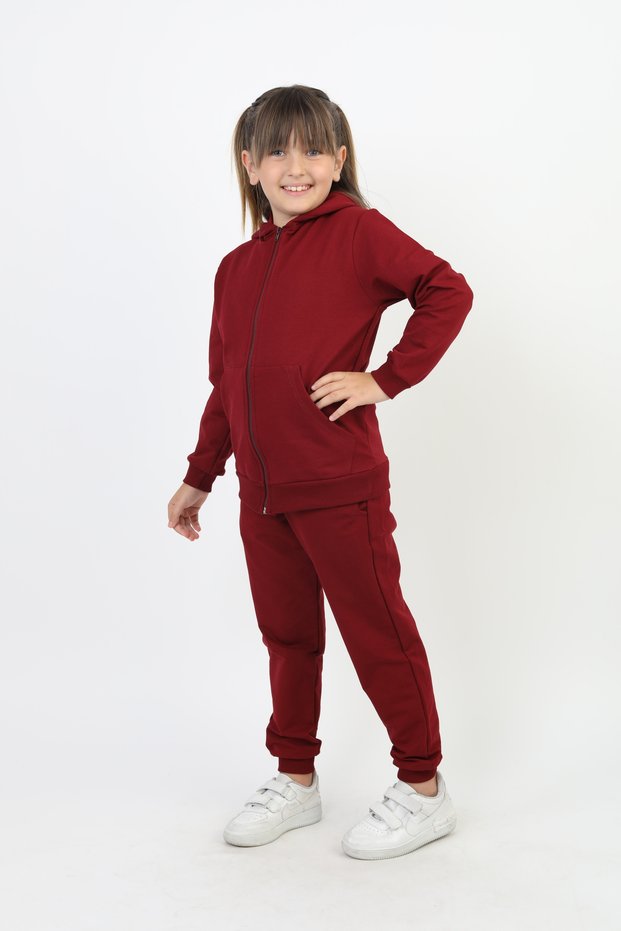 Unisex Top-Bottom 2-Piece Red Set Plain Hooded Tracksuit School Suit