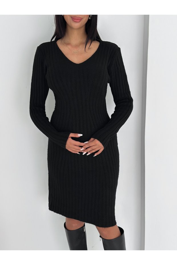 V Neck Twill Knitwear Dress