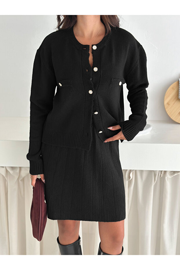 Buttoned Soft Texture Cardigan Skirted Sweater Suit