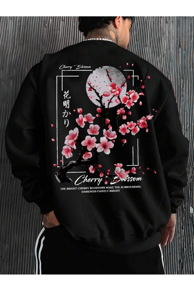 Men's Black Cherry Blassum Printed Oversized Crewneck Sweatshirt