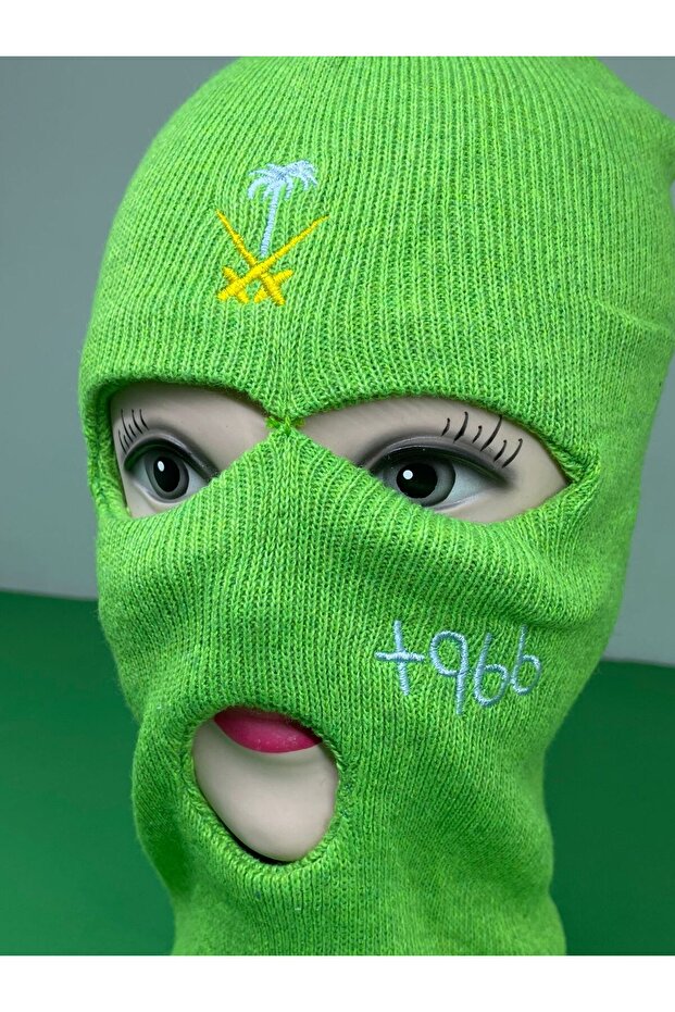 Green cotton mask embroidered with two swords, a palm tree, and the number +966 on the side - 3