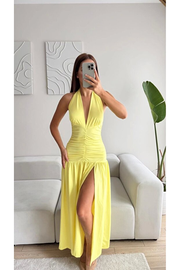 Derin Yırtmaç Boyun Geçmeli Elbise - SARI - 2