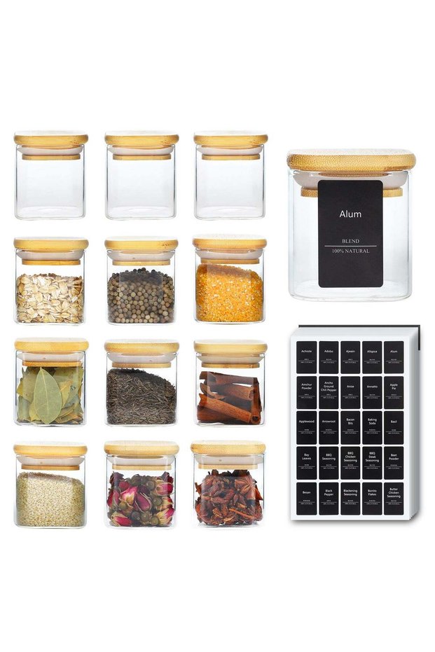 12Pcs 4oz Glass Spice Jars with Bamboo Lid, Airtight Square Containers with 275 Black Labels – Perf