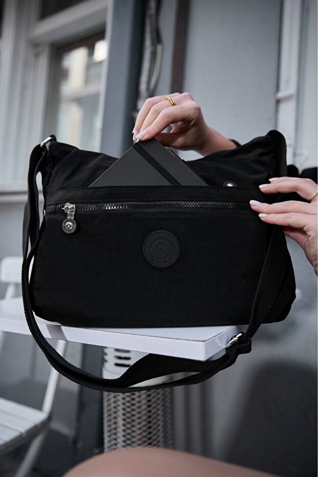 Women's Water Resistant Fabric 5 Compartment Cross Strap Black School Travel and Shoulder Bag