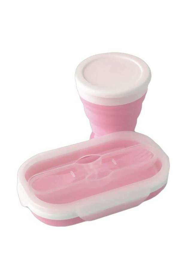 Collapsible Silicone Lunch Box With Cup Pink/White