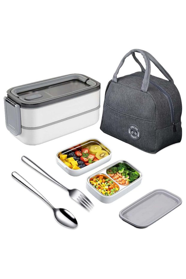 2- Layer Leakproof Bento Box adult, Insulated Bento Lunch Box with Tableware & Bag Lunch Box with 3