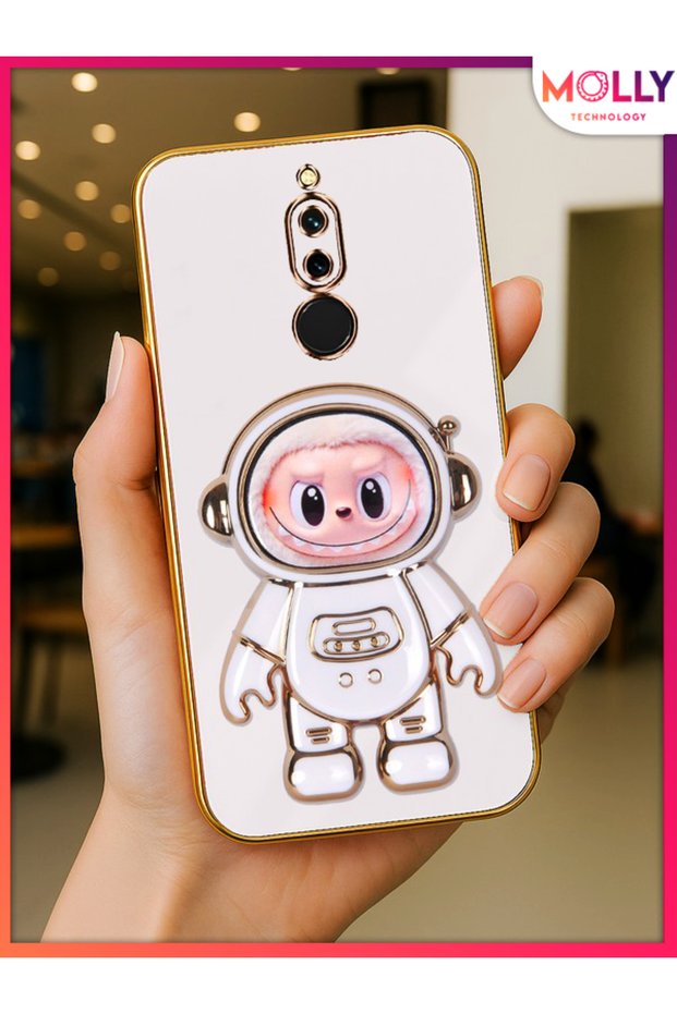 Luxury Silicone Case with Pearl White Labubu Astronaut Stand Gold Detail for Xiaomi Redmi 8