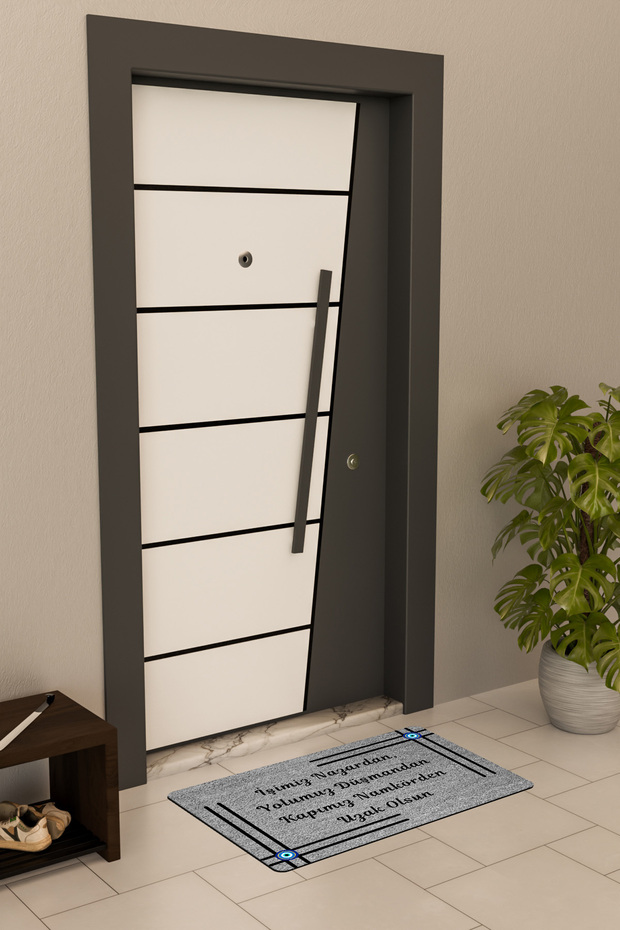 Yüksek Kaliteli Dijital Baskı Gri, İşimiz Nazardan temalı Kapı Önü Paspası - 3