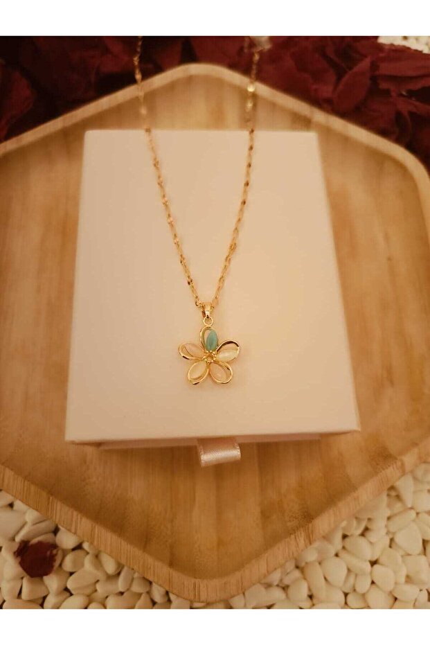 Pembe-mavi çiçek model çelik kolye - 3