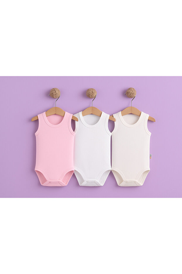100% Cotton Strap Baby Girl Bodysuit Set of 3 (Pink – White – Ecru)