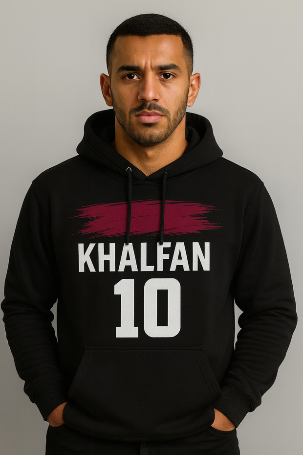 Khalfan 10 Hooded Sweatshirt – Qatar National Team Design Digital Print with 3 Thread Kangaroo Pockets