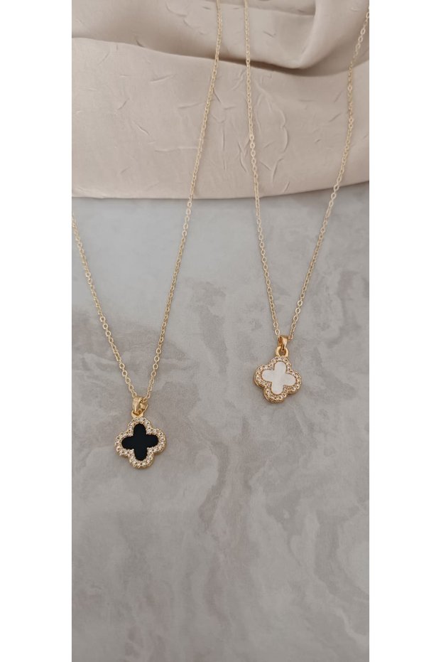 Gold Colored Black & White Clover Figured Women's Necklace