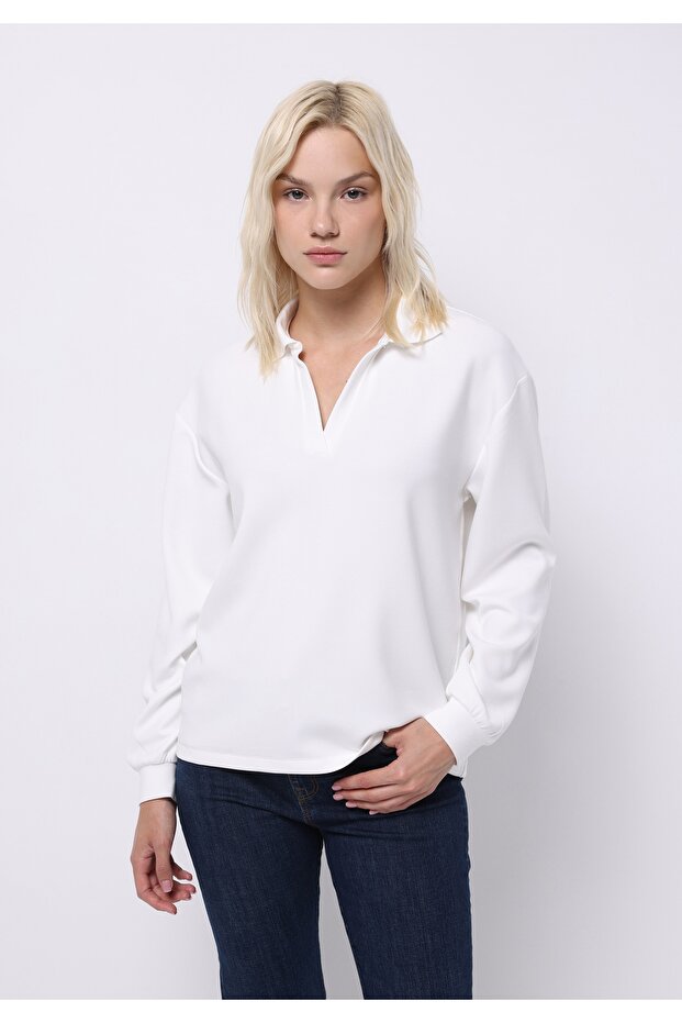 Regular Fit Polo Neck Plain Women's White Long Sleeve T-Shirt