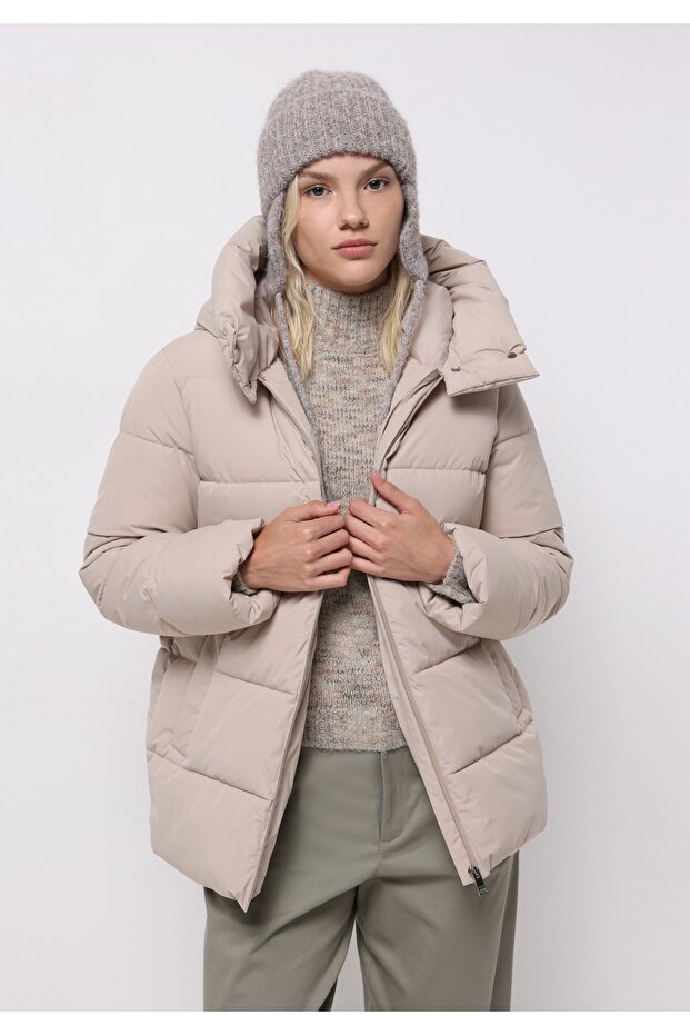 Regular Fit Hooded Zippered Lined Water Resistant Women's Beige Coat