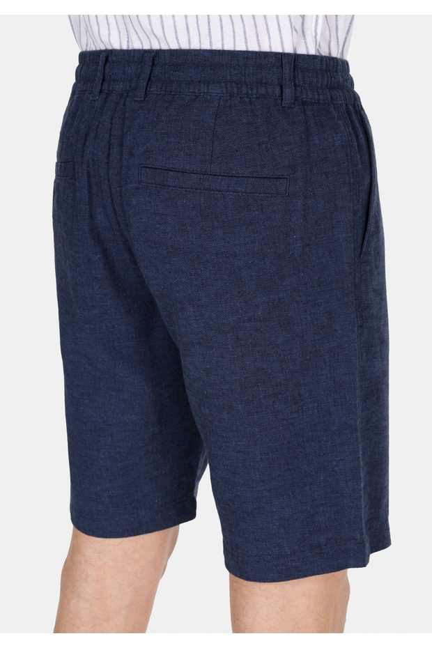 Regular Fit Orta Bel Düz Erkek Keten Karışımlı Lacivert Şort - 5