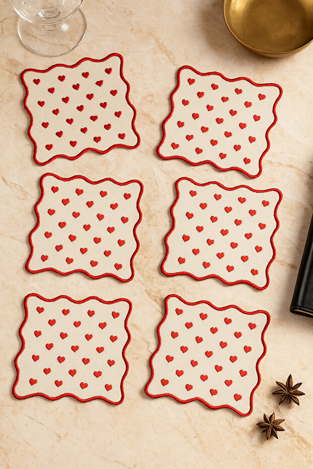 Set of 6 Heart Themed Linen Fabric Embroidered Coffee Side Cocktail Napkin Coasters