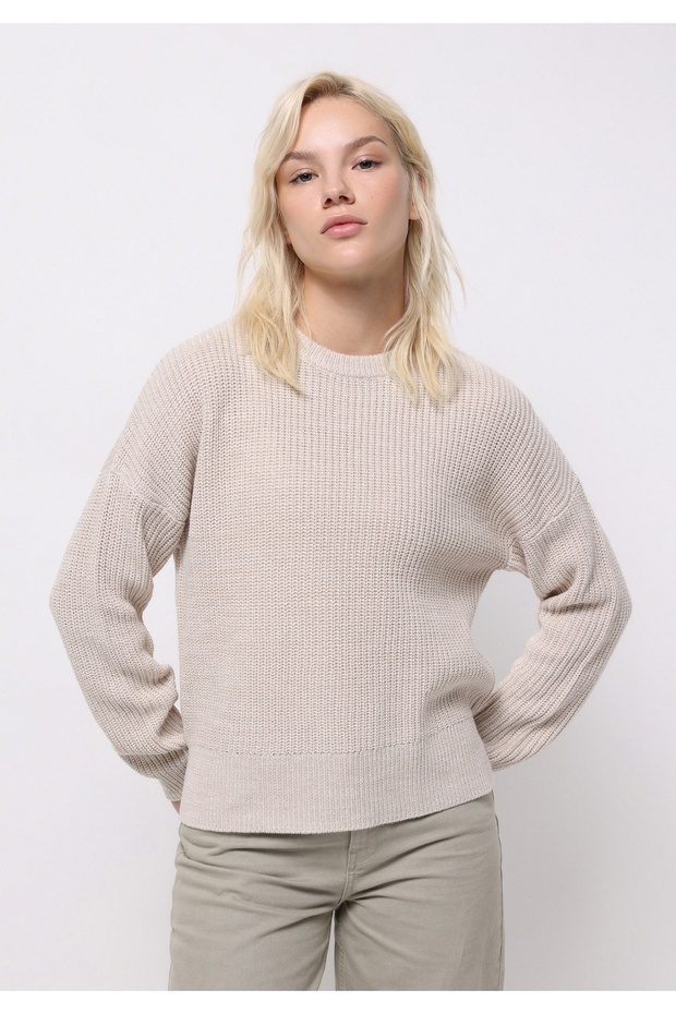 Regular Fit Round Neck Striped Women's Ecru Sweater