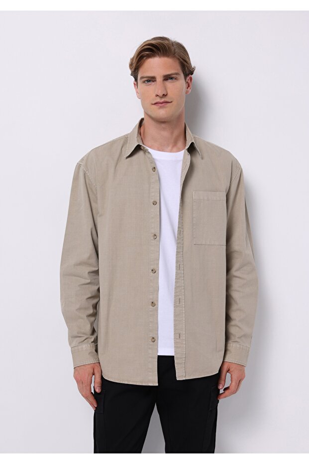 Comfort Fit Shirt Neck Plain Men's Beige Long Sleeve Shirt