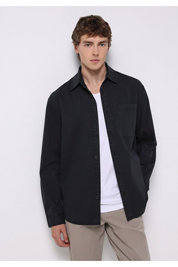 Comfort Fit Shirt Neck Plain Men's Black Long Sleeve Shirt