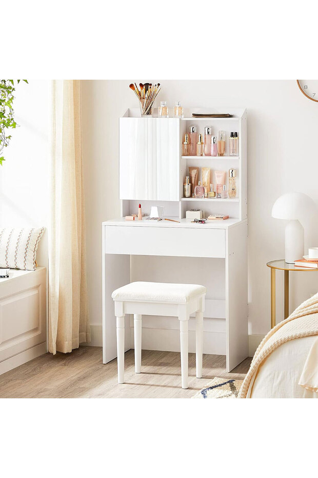 Dressing Table with Mirror, Adjustable Shelves & Drawer for Cosmetics, 70x40x136 cm, White - 1