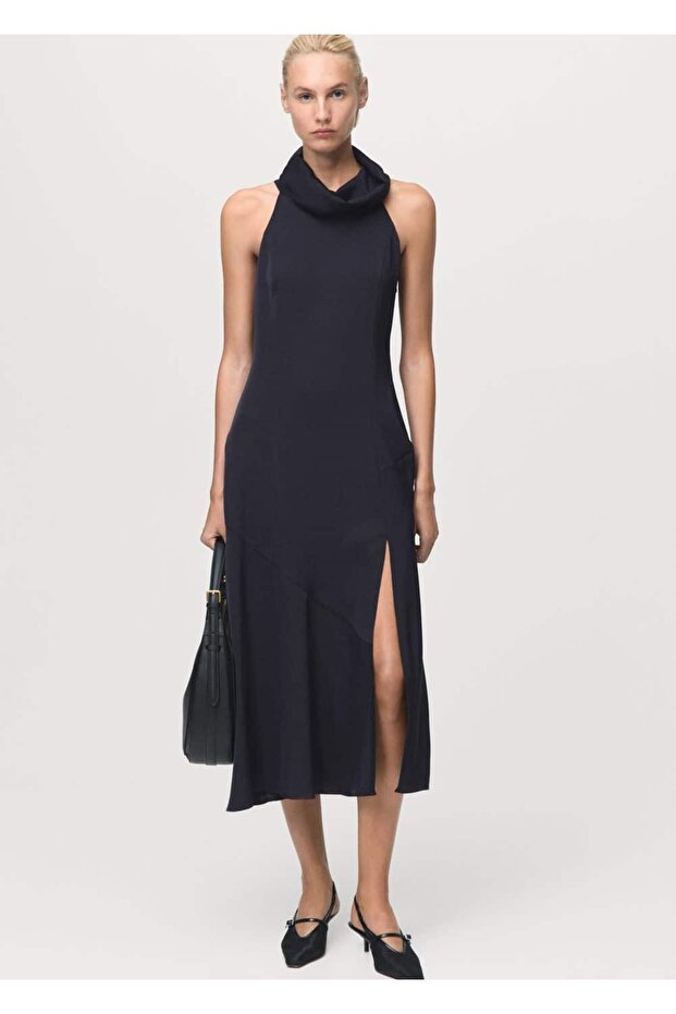 Drape yaka yırtmaçlı elbise - 2