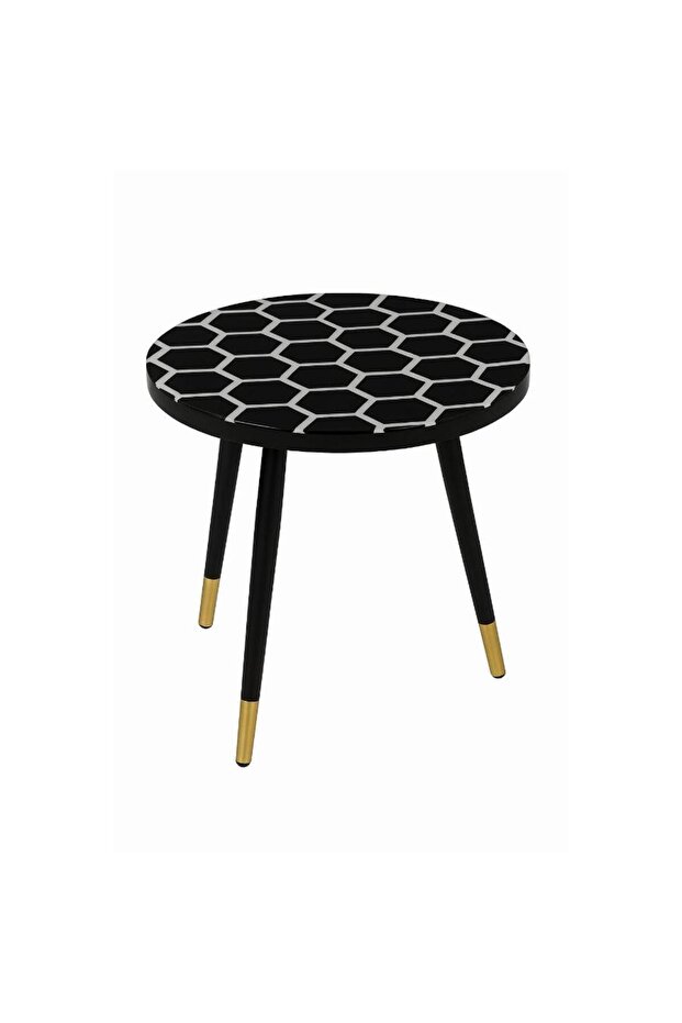 Modern Round Side Table with LED Lights, Hexagon Pattern Top, Black Metal Legs with Gold Tips