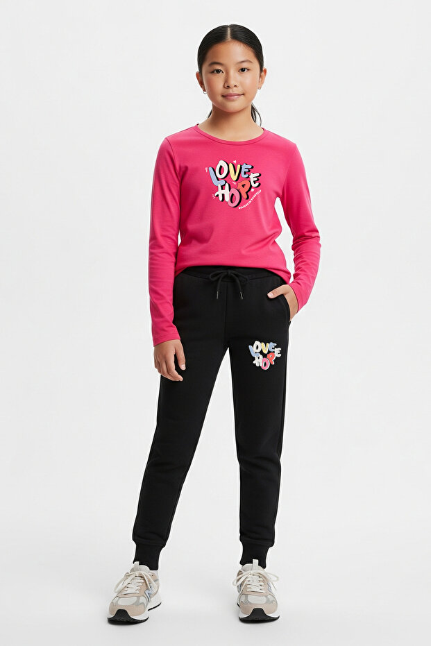 Round Neck Love Hope Printed Girl's Tracksuit Set