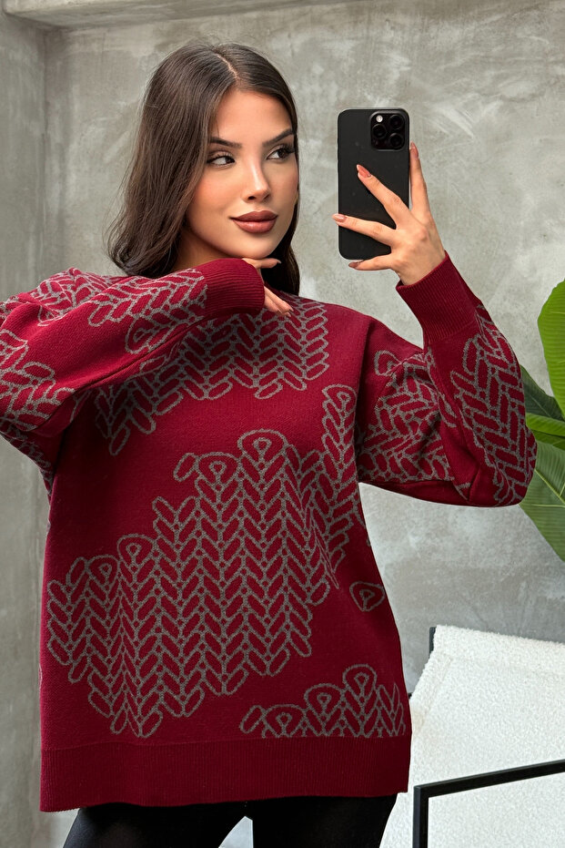 Round Crew Neck Long Sleeve Knitted Bowknot Jacquard Pattern Winter Stylish Knitwear Sweater