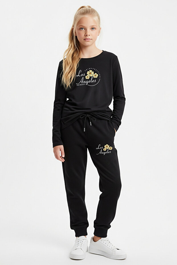 Round Neck Los Angeles Printed Girl's Tracksuit Set