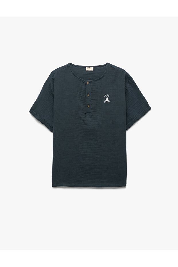 Crew Neck Button Short Sleeve Cotton T-Shirt
