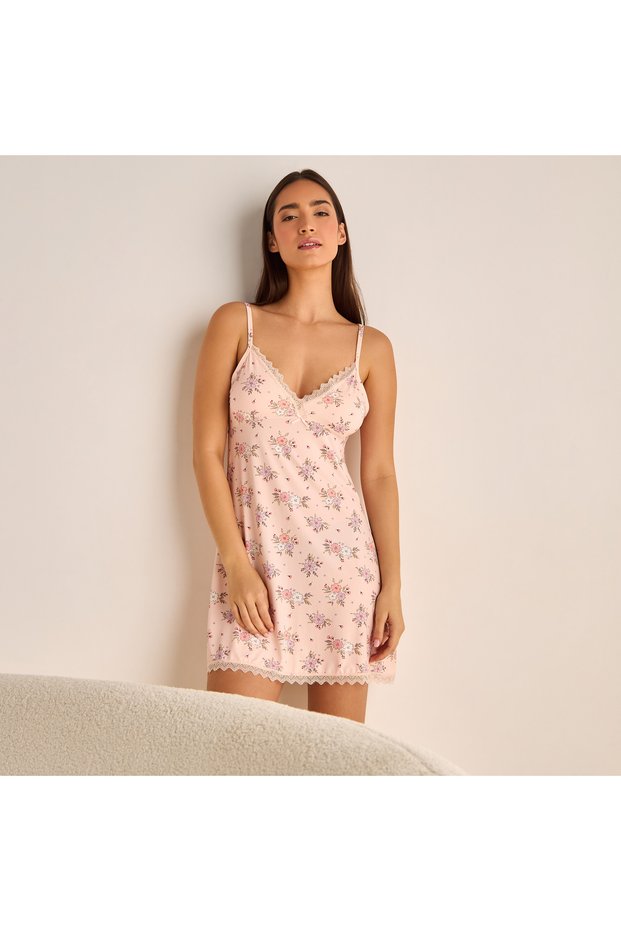 Floral Print V-neck Babydoll with Lace Detail