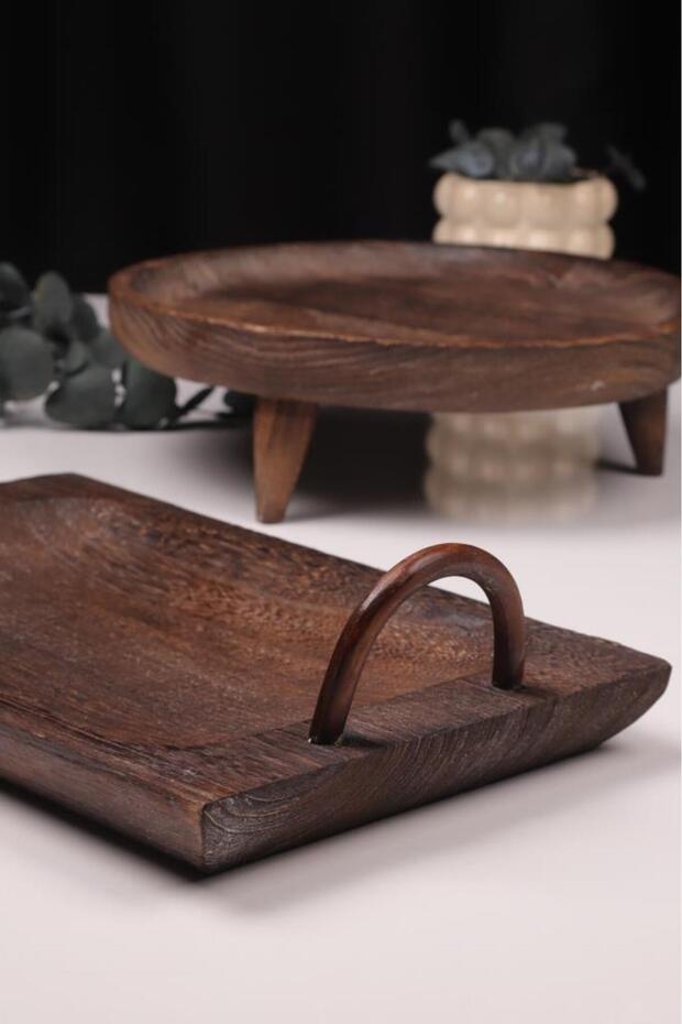 2 Piece Pavlonya Elegant Wooden Presentation and Serving Set – Rectangular and Round Serving Table with Handles - 2