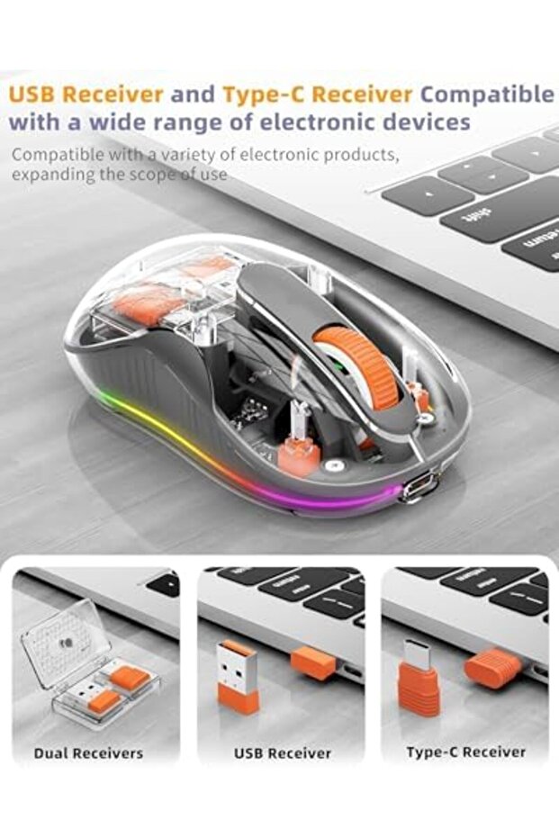 ماوس لاسلكي Ctoby بتقنية البلوتوث، ماوس شفاف ثلاثي الأوضاع RGB، بلوتوث و2.4 جيجاهرتز لأجهزة متعددة - 4