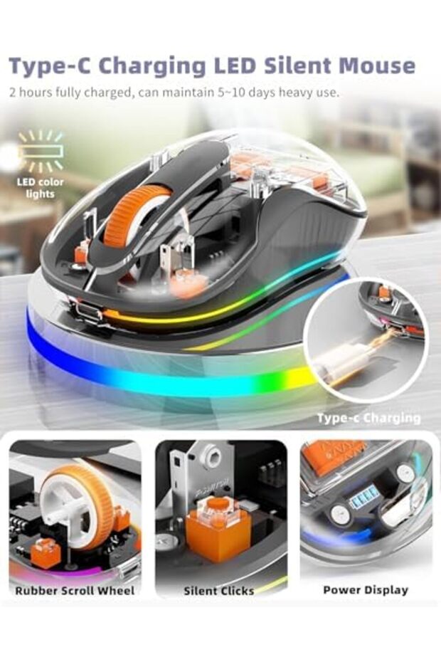 ماوس لاسلكي Ctoby بتقنية البلوتوث، ماوس شفاف ثلاثي الأوضاع RGB، بلوتوث و2.4 جيجاهرتز لأجهزة متعددة - 8
