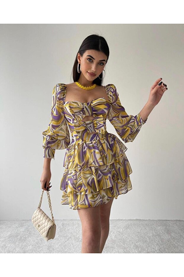 İki Renk Mini Elbise 1049 - Sarı - 1
