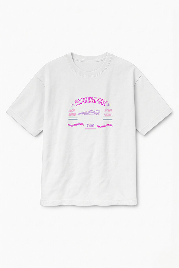 Oversize White Women's Formula 1 Printed T-Shirt T-Shirt