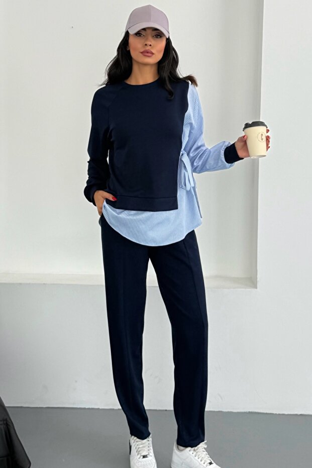 Women's Striped Shirt Detail Side-Tie Long Sleeve Straight Leg Bottom-Top Modal Set