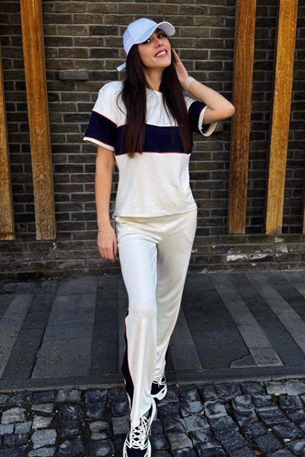 Women's Thick Stripe Detailed Short Sleeve Wide Leg Modal Comfortable Suit