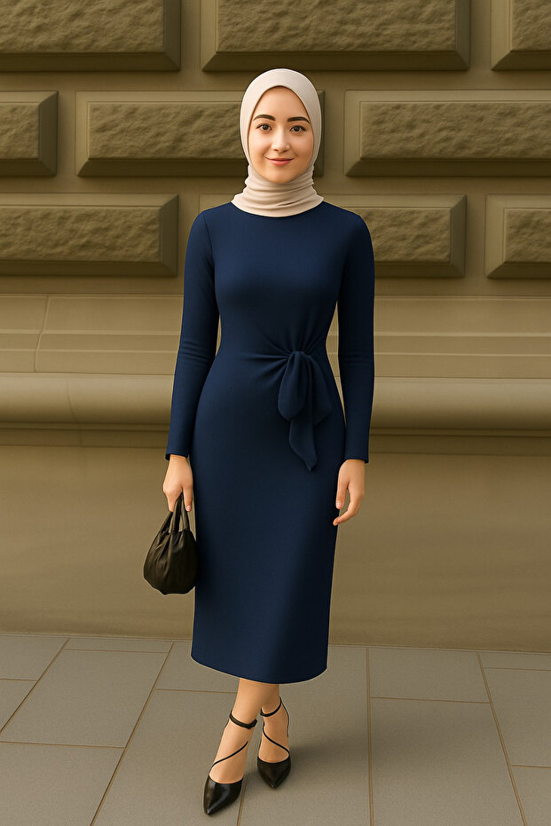 Women's Side Tie Detail Long Sleeve Hijab Dress