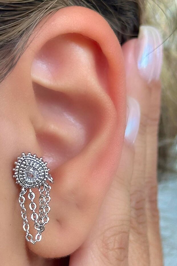 Gümüş Renk Taş Detaylı Çelik Tragus/Kıkırdak Küpe/Piercing (Tek) - 1