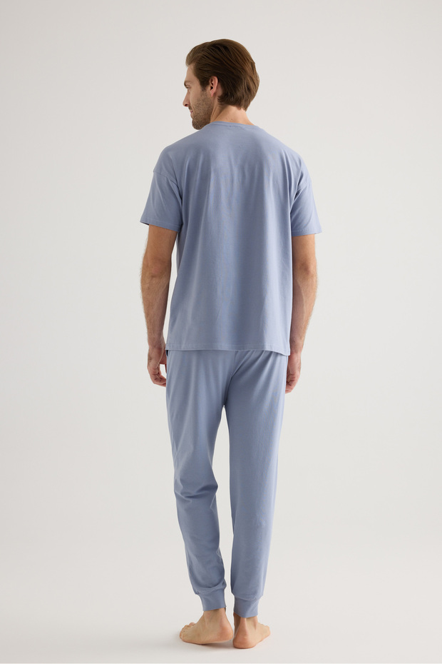 Erkek Pamuklu Kısa Kollu Uzun Pijama Takımı - 4