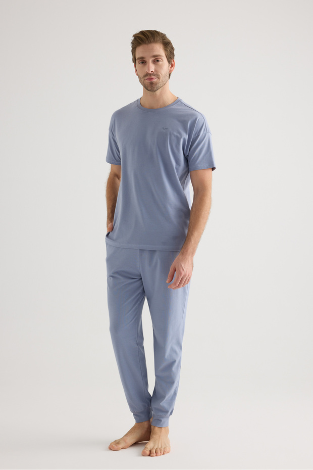 Erkek Pamuklu Kısa Kollu Uzun Pijama Takımı - 3