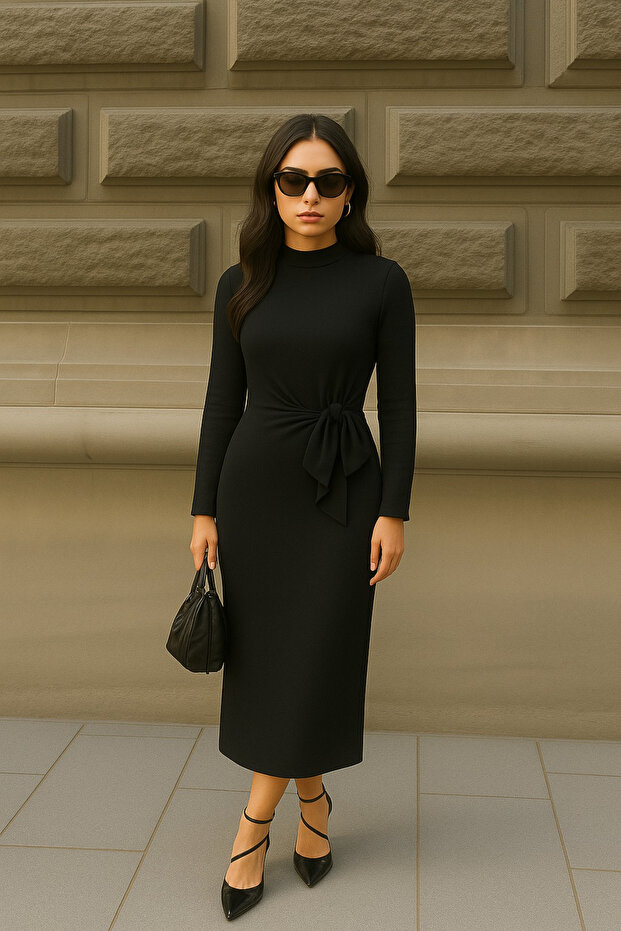 Women's Long Sleeve Side Tie Detail Turtleneck Slit Dress