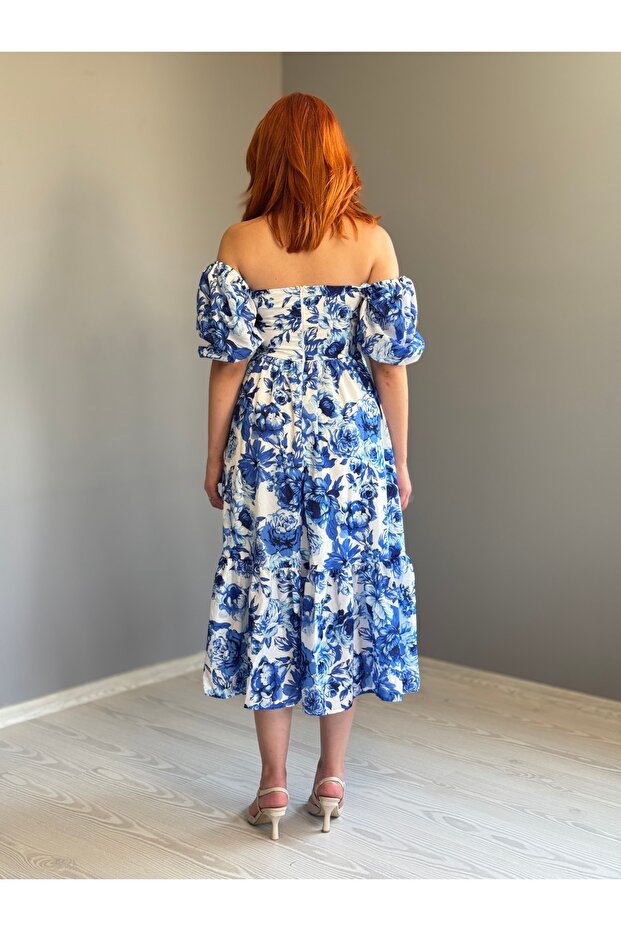 Mavi Çiçekli Elbise - 3