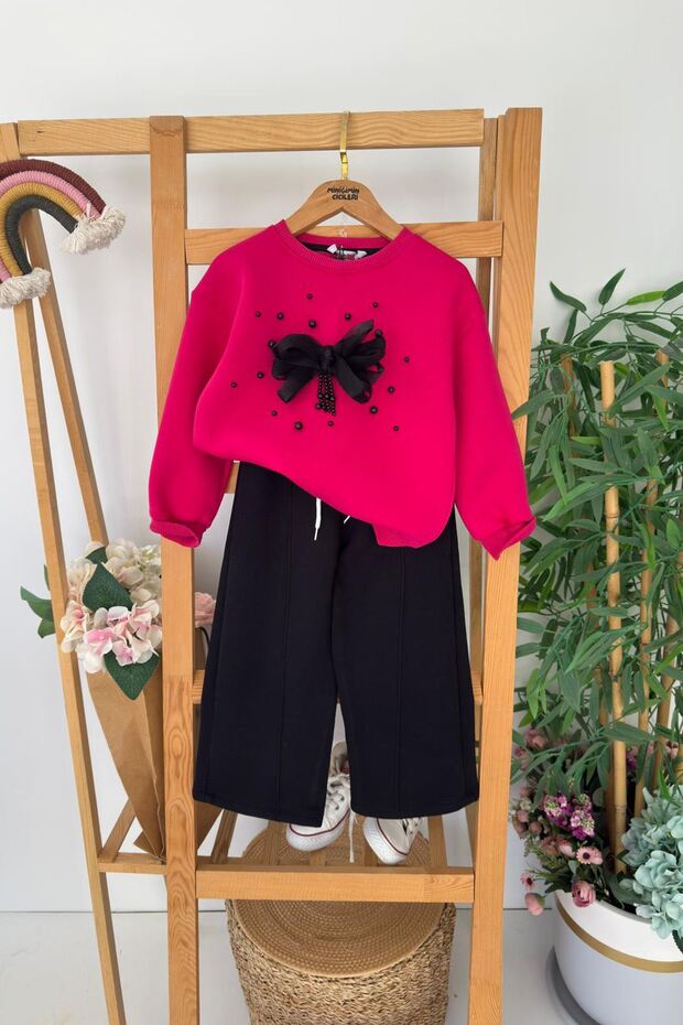 My Little Cicileri Bow Stone Detailed Grass Suit - Fuchsia