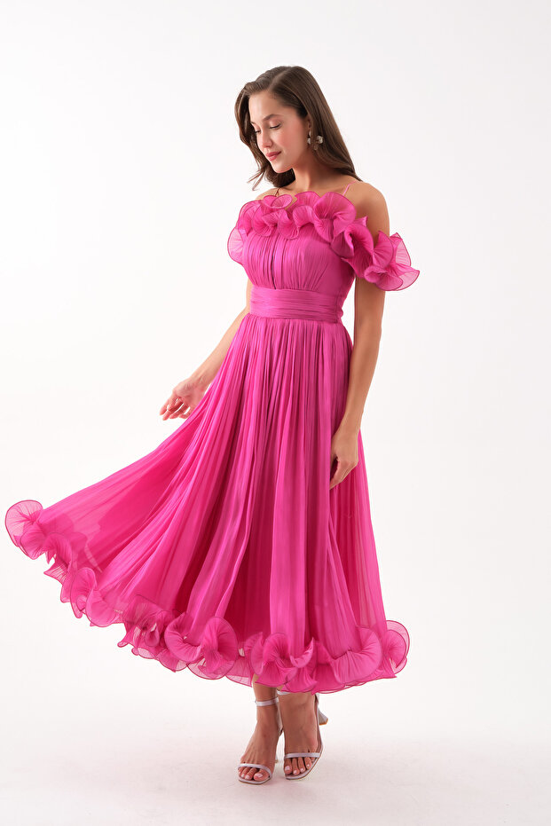 Women's Fuchsia Slim-Fit Collar-Detail Midi Evening Dress