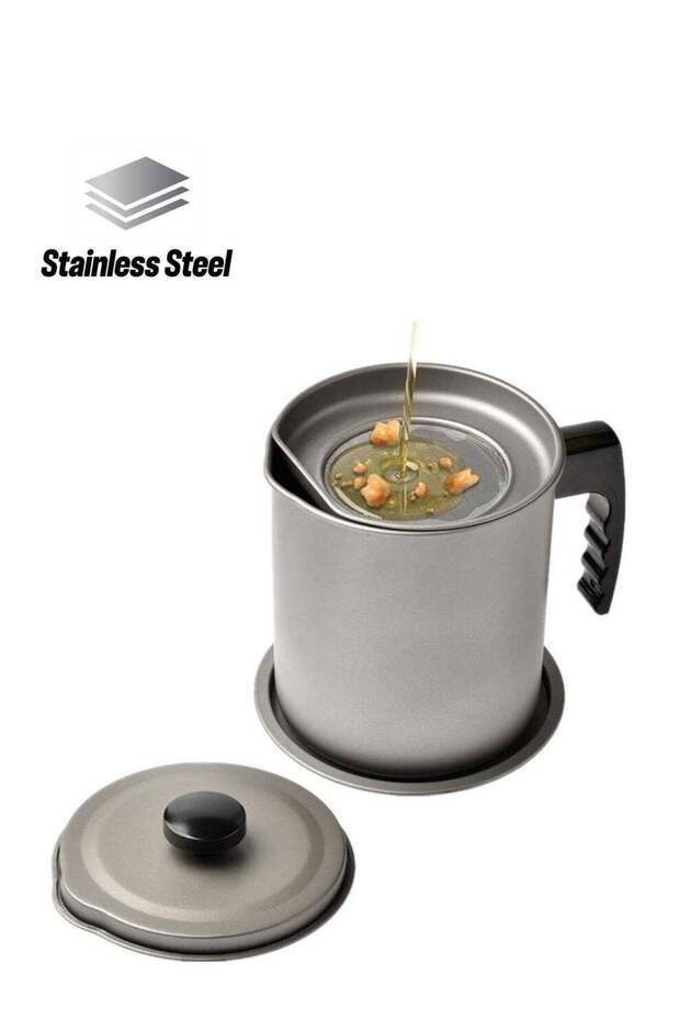 Oil Strainer Pot Grease Can 1.7L Stainless Steel Container W/Fine Mesh Dust-Proof Lid Non-Slip Plat